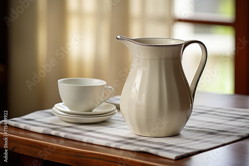  a white pitcher sitting on top of a wooden table next to a cup on a saucer and saucer.