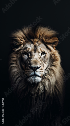 HD Smartphone Wallpaper  Close-Up Portrait of a Lion Emerging from the Depths of a Black Background  Minimalistic Style Adding Bold Elegance to Your Mobile Device