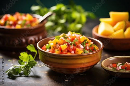  a close up of a bowl of food next to a bowl of fruit and a bowl of vegetables on a table.