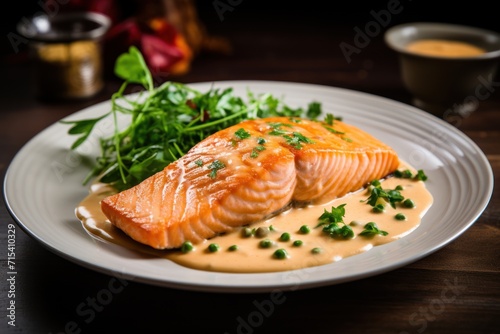 a white plate topped with salmon covered in sauce and garnished with green garnish and a sprig of parsley.