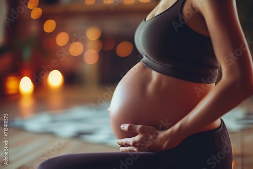 A pregnant woman is sitting on the floor. The concept of preparing women for pregnancy, childbirth, motherhood. Еmpty space for text.