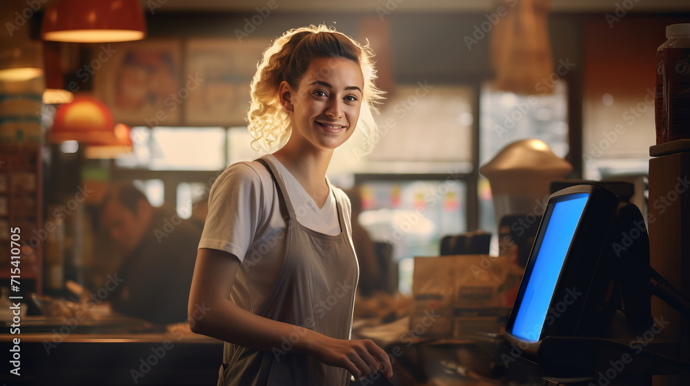 Portrait of cheerful smiling female cashier in grocery store symbolizes friendly customer service and welcoming atmosphere of store, joyful female store clerk happy to help customer