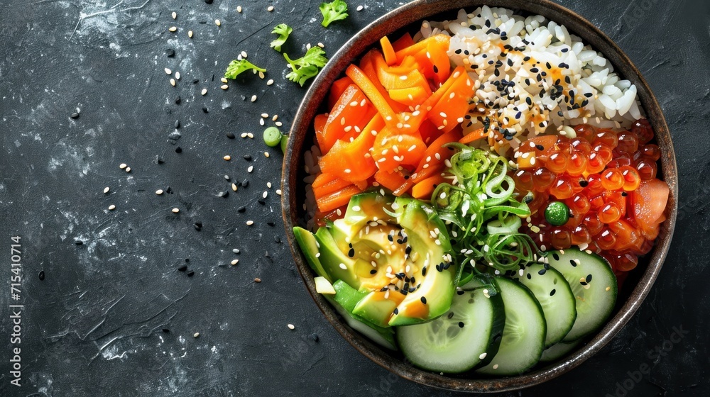 Sushi bowl made of brown rice with pickled vegetables. Generative Ai.