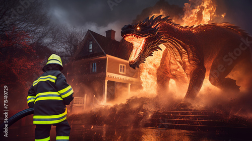 Firefighter bravely confronts sinister fire dragon amidst house fire symbolizing heroic struggle against destructive forces of calamitous blaze, powerful dramatic scene of raging flames photo