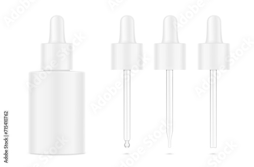 Pipette mockups for dropper bottle isolated on white background. Vector illustration. Front view. Сan be used for cosmetic, medical and other needs. EPS10.