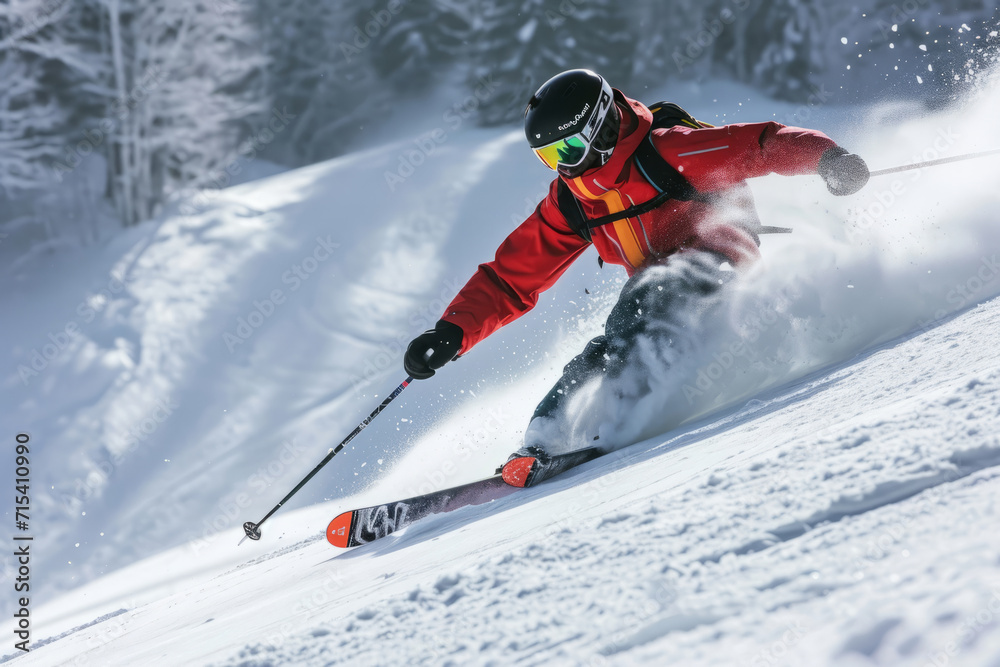 A skier rushing down the mountainside against a backdrop of trees and beautiful snow cover. 
​The concept for the development of winter sports - alpine skiing, snowboarding, mountaineering, developmen