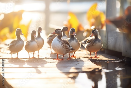 multiple ducks lined up on a sunlit dock