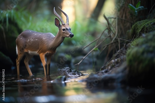 duiker by a forest stream at dusk photo