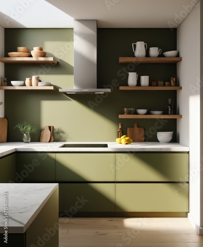 kitchen shelves with olive green color, minimalistic © Arhitercture