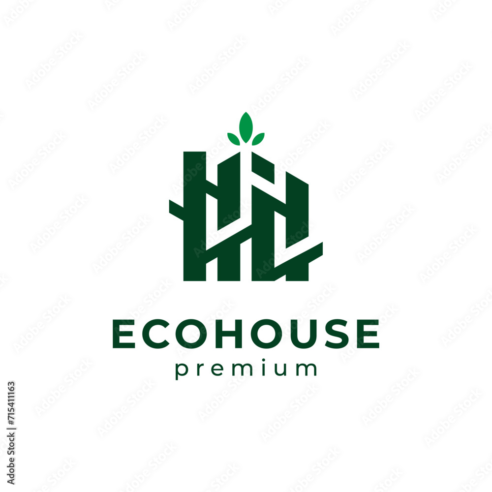 house with branched wood and leaves for eco-friendly residential logo design