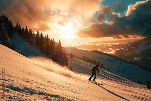 A skier descending from a slope against the backdrop of a forest and sunny sky. The concept for the development of winter sports - alpine skiing, snowboarding, mountaineering, development of active re