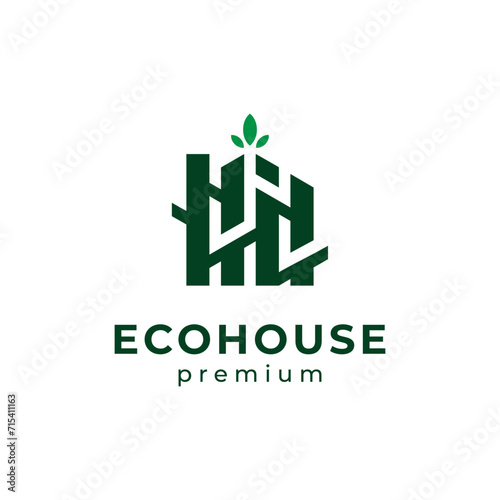 house with branched wood and leaves for eco-friendly residential logo design