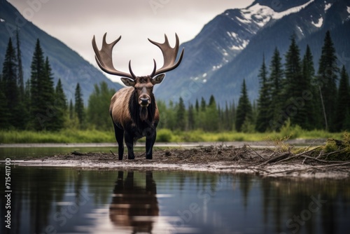  a large elk standing next to a body of water in front of a mountain range with trees and a body of water in front of it. © Nadia