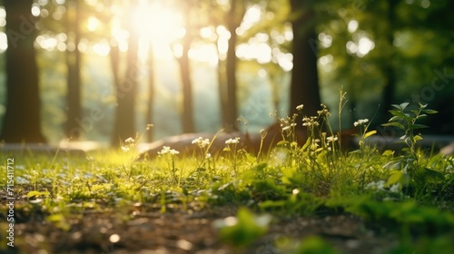 Wild grass foliage and blurred green trees with sunbeams light bokeh background. Natural serene sunny spring background concept.