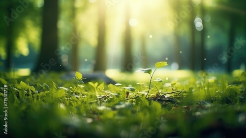 Wild grass foliage and blurred green trees with sunbeams light bokeh background. Natural serene sunny spring background concept.