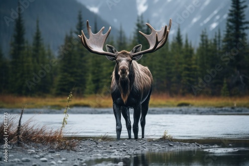  a large moose standing in front of a body of water with trees and mountains in the backgrouds.
