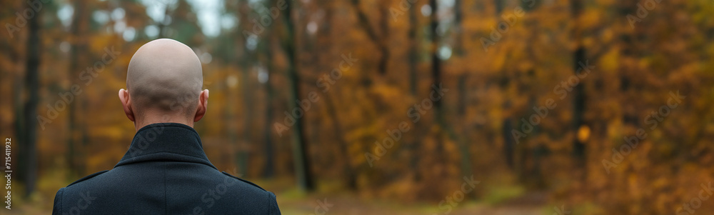 Bald man in a black coat facing away and contemplating the autumn forest scenery Bald man in a black coat facing away and contemplating the autumn forest scenery