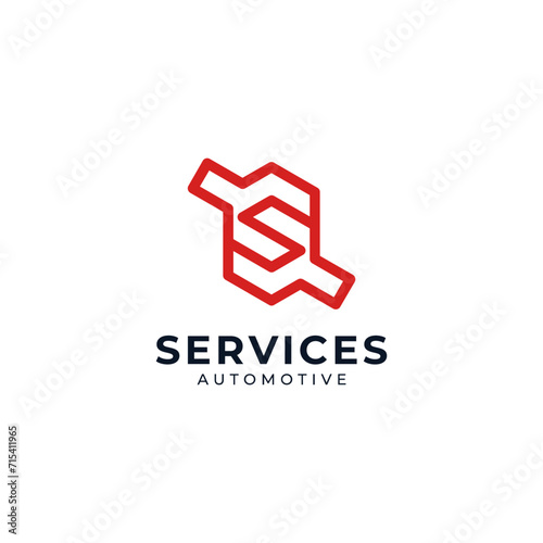 letter S and wrench for repair, industrial or workshop and machining logos