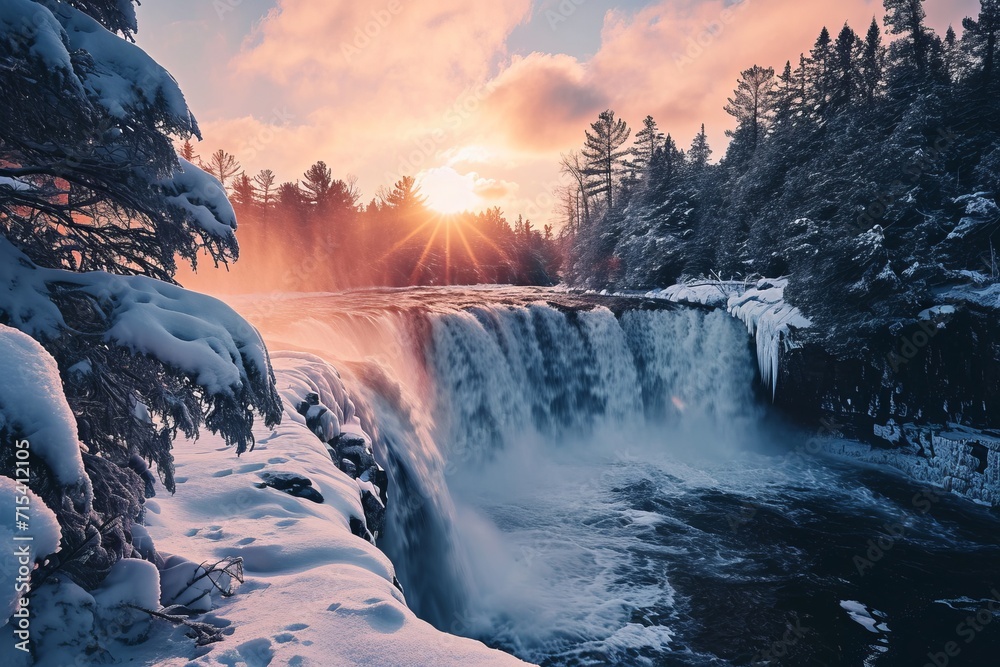 Landscape of a waterfall of snow-covered coniferous trees illuminated by the sun. A beautiful natural phenomenon. Landscape of a waterfall of snow-covered coniferous trees illuminated by the sun. A beautiful natural phenomenon.