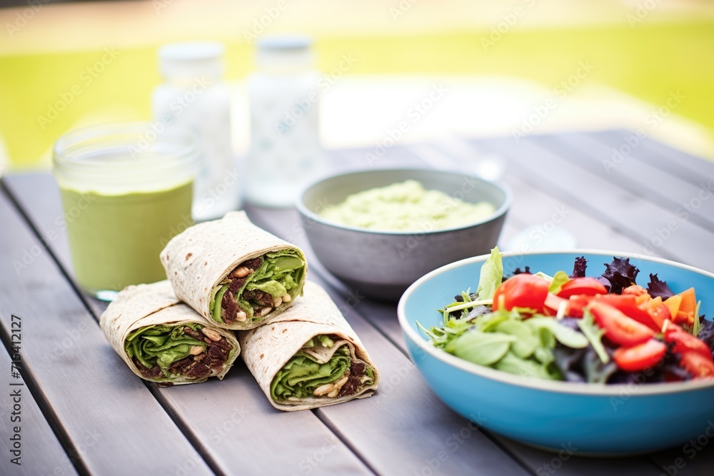 flaxseed wraps and a bowl of guacamole on a picnic table flaxseed wraps and a bowl of guacamole on a picnic table
