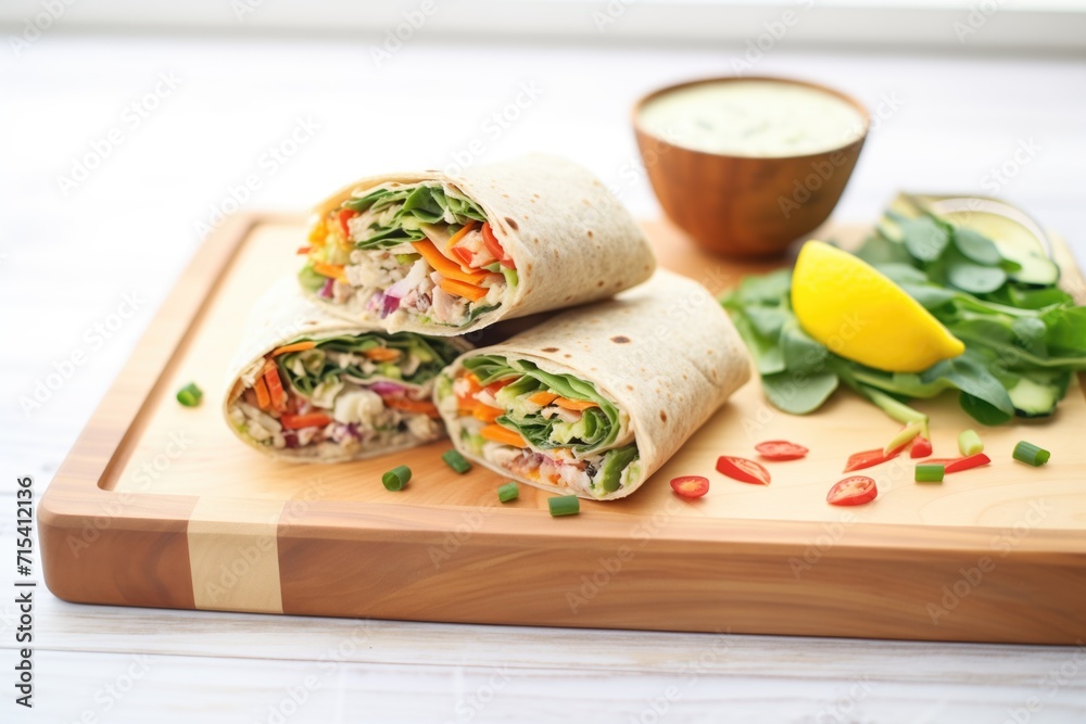 sliced veggie flaxseed wraps on a wooden board