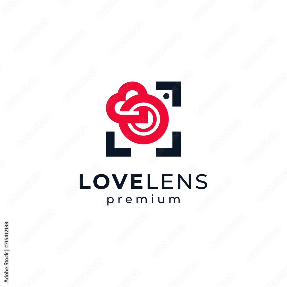 camera with lens, frame and love for photography or wedding organizer logo design