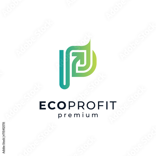 letter P with arrow and leaf for marketing, business and finance logo design