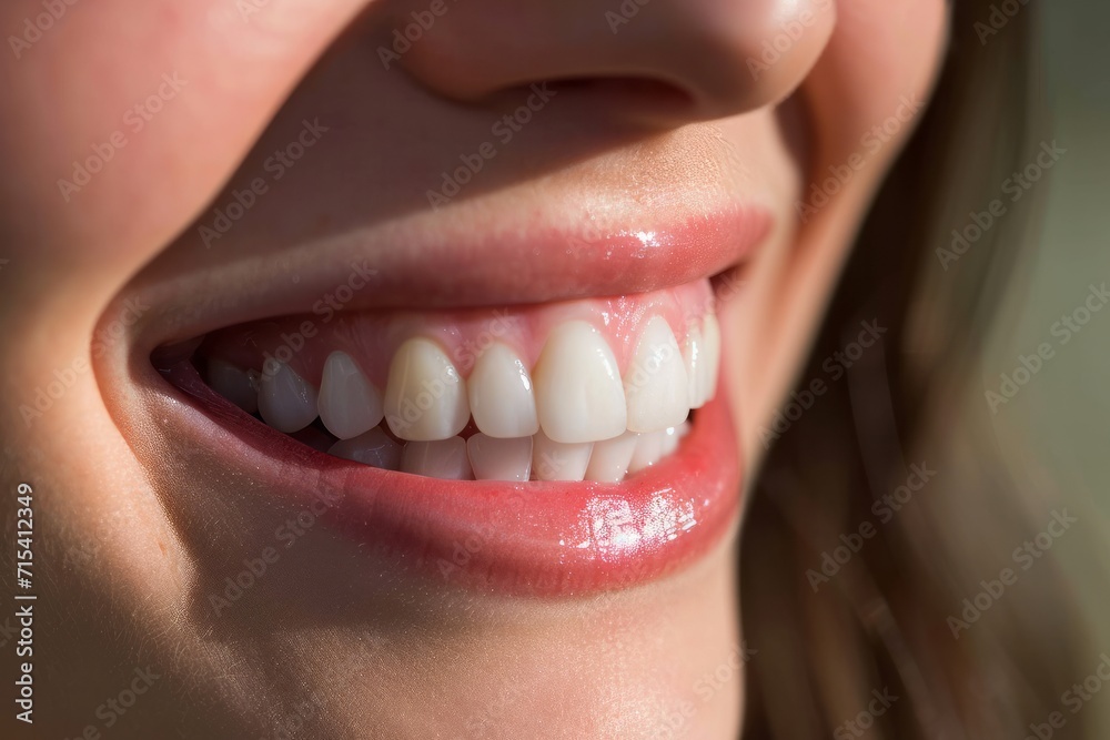 Fototapeta premium A radiant smile revealing wonderful teeth. The concept of a dental clinic treatment, care, dental prevention, advertising of cosmetics - lipstick.