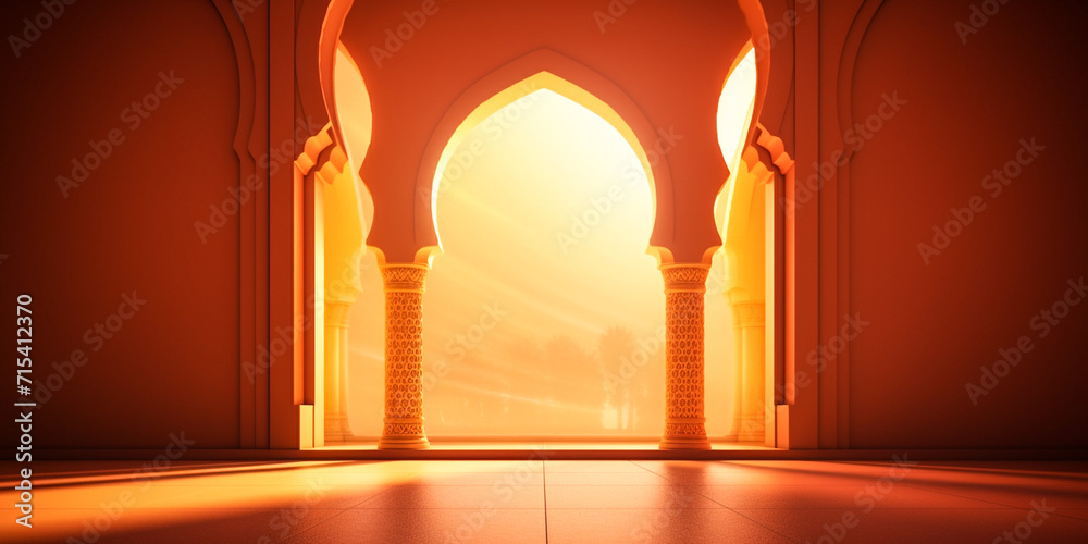 Arab arch with mosque,Mosque and shadows. Light rays from mosque window or door Ramadan Kareem. background
