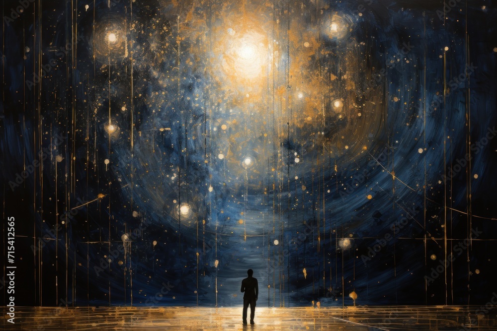  a painting of a man standing in the middle of a dark room with stars in the sky and a light at the end of the room. - obrazy, fototapety, plakaty 