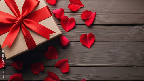Beige box with red ribbons ,rose petals, Valentine`s gift on dark wooden background, flat lay, closeup