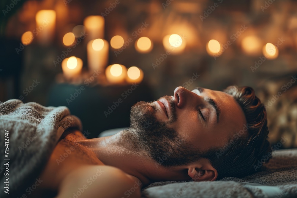 A bearded man relaxes at home against the background of candles. The concept of healing, relaxation, rejuvenation and restoration of the body.  
 - obrazy, fototapety, plakaty 