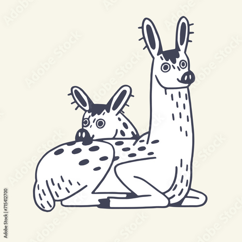 Wood animal with cute muzzle, happy calf contour. Fluffy forest sika deers: mother and funny baby lying. Furry woodland family outline sketch in kid style. Flat handdrawn isolated vector illustration