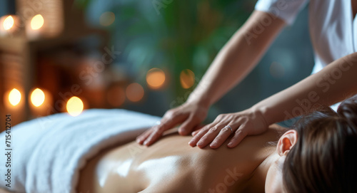 A woman getting a massage in a specialist’s office. The concept of healing, relaxation, rejuvenation and restoration of the body. Еmpty space for text. Banner 