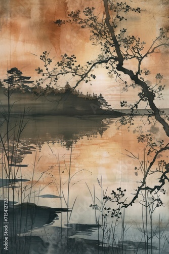 A classic Japanese landscape painting, suitable for wall art and printing designs