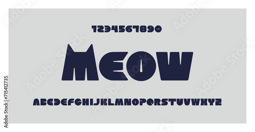 Meow font. Alphabet for logo design, print, shirt. Cute cartoon art illustration with cat ears and eyes. Letters and numbers. Abstract background. Vector logo. Pet typography. Love animal lettering