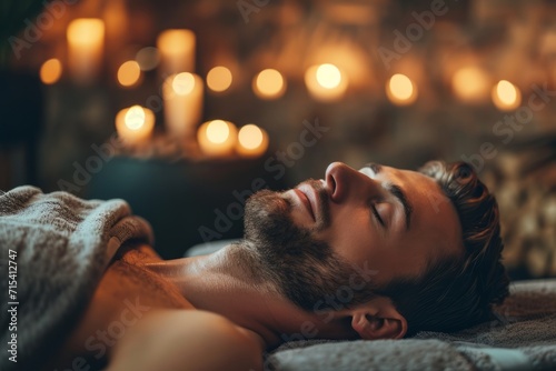 Foto A bearded man relaxes at home against the background of candles