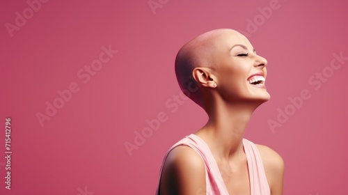 Happy and smiiling beautiful woman with hairless hair portrait isolated on pink studio background. World cancer day background concept.