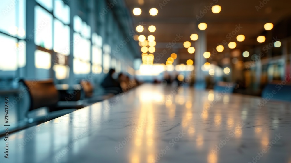 Fototapeta premium empty table white top with blur background of air port, Advertisement, Print media, Illustration, Banner, for website, copy space, for word, template, presentation