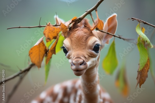 newborn giraffe trying to reach for leaves like mother photo