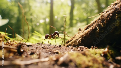  a couple of ant ants standing on top of a dirt ground in front of a forest filled with trees. © Nadia