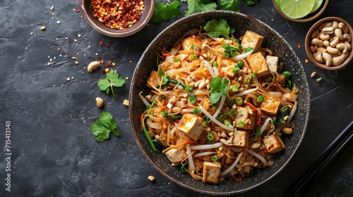 Stir-fried rice noodles with tofu, bean sprouts. Generative Ai. photo