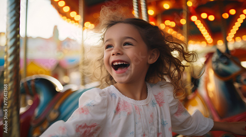 A happy young girl expressing excitement while on a colorful carousel, merry-go-round, having fun at an amusement park. © Vimukthi