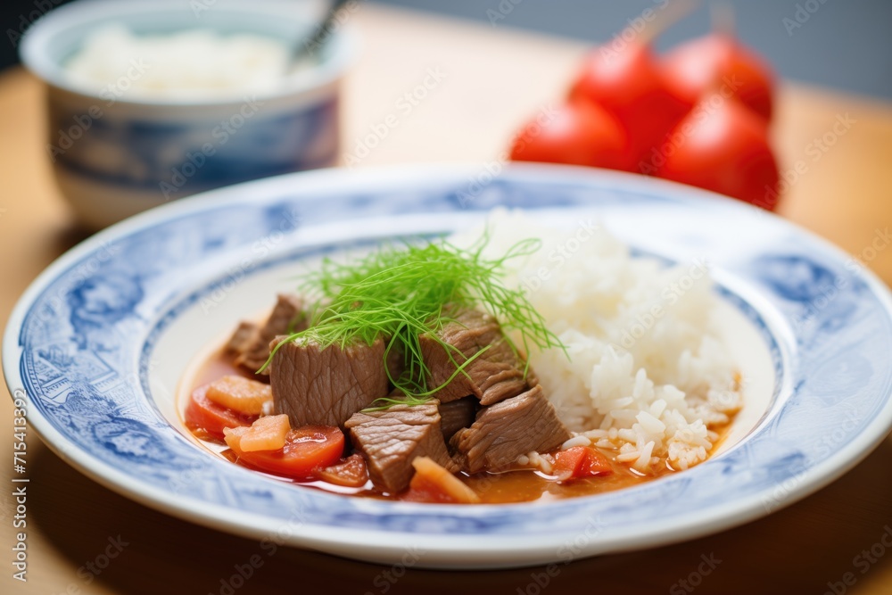 serving of goulash over rice on plate serving of goulash over rice on plate