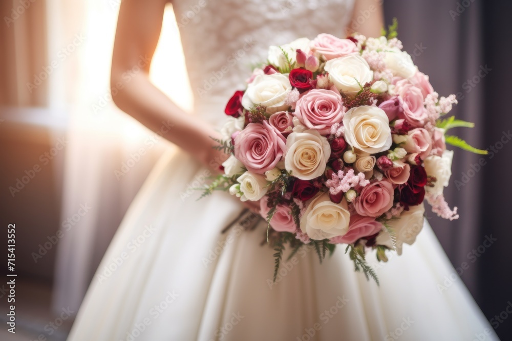  a woman in a wedding dress holding a bridal bouquet of pink, white and red roses and greenery.