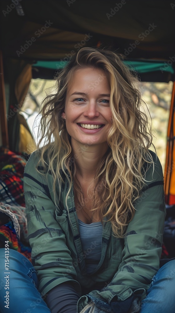 Portrait of a smiling blonde hair white woman camping in nature, background image, generative AI Portrait of a smiling blonde hair white woman camping in nature, background image, generative AI