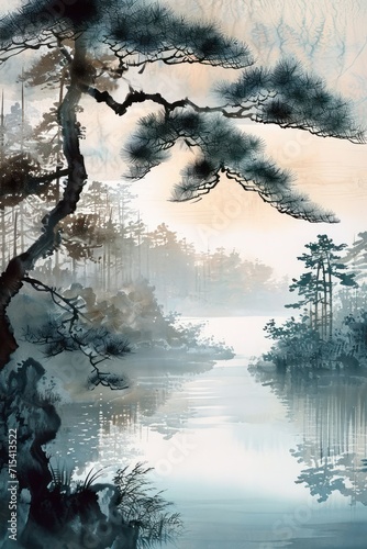 A classic Japanese landscape painting, suitable for wall art and printing designs
