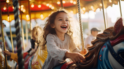 A happy young girl expressing excitement while on a colorful carousel, merry-go-round, having fun at an amusement park.