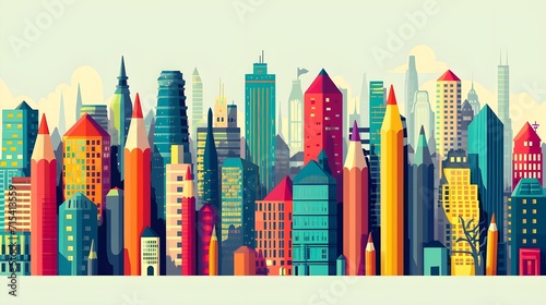 Flat Vector Design of a vibrant cityscape where buildings are shaped like oversized pencils  generative AI