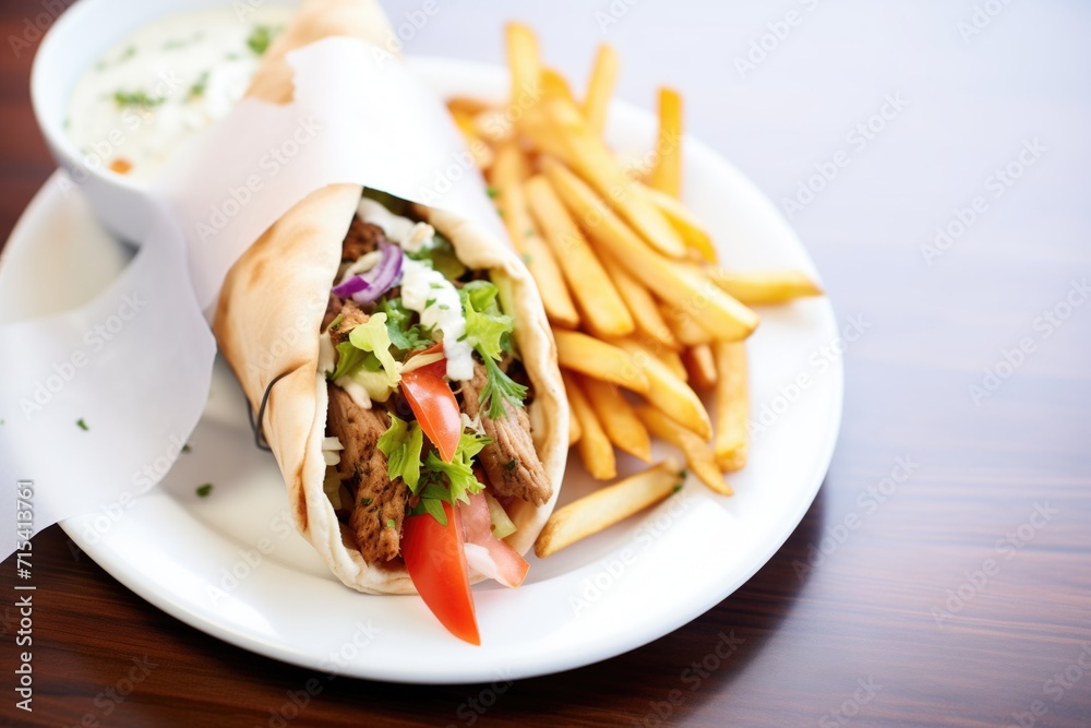 stuffed gyros pita with fries on white paper stuffed gyros pita with fries on white paper